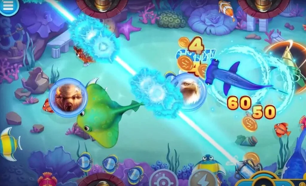 Arena bawah laut dengan ikan dan kendali tembak pada permainan mobile